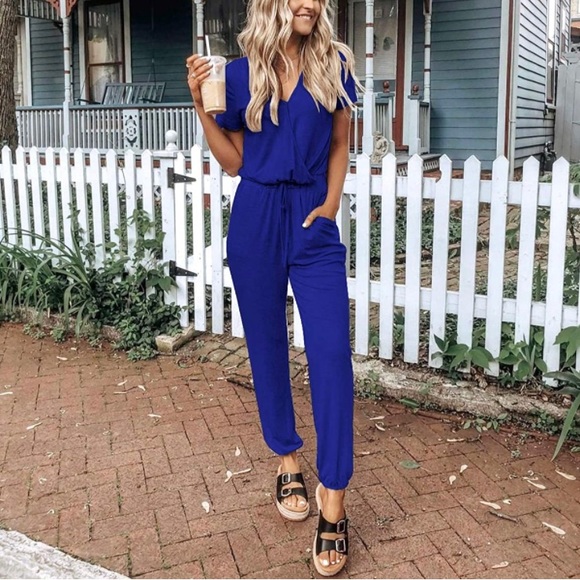 Women's Summer Casual Deep V Neck Short Sleeve Wrap Waist Jumpsuit Romper Blue - Picture 2 of 4